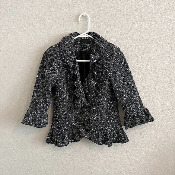 Cynthia Rowley Blazer Swing Jacket Sz Small Grey Tweed Ruffle 3/4 Sleeve - Picture 1 of 7